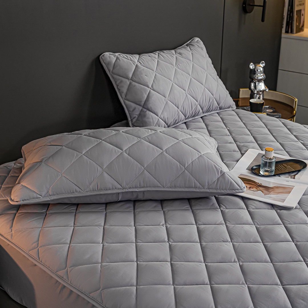 SOGA Grey 138cm Wide Cross-Hatch Mattress Cover Thick Quilted Stretchable Bed Spread Sheet Protector with Pillow Covers - Cafe Supply