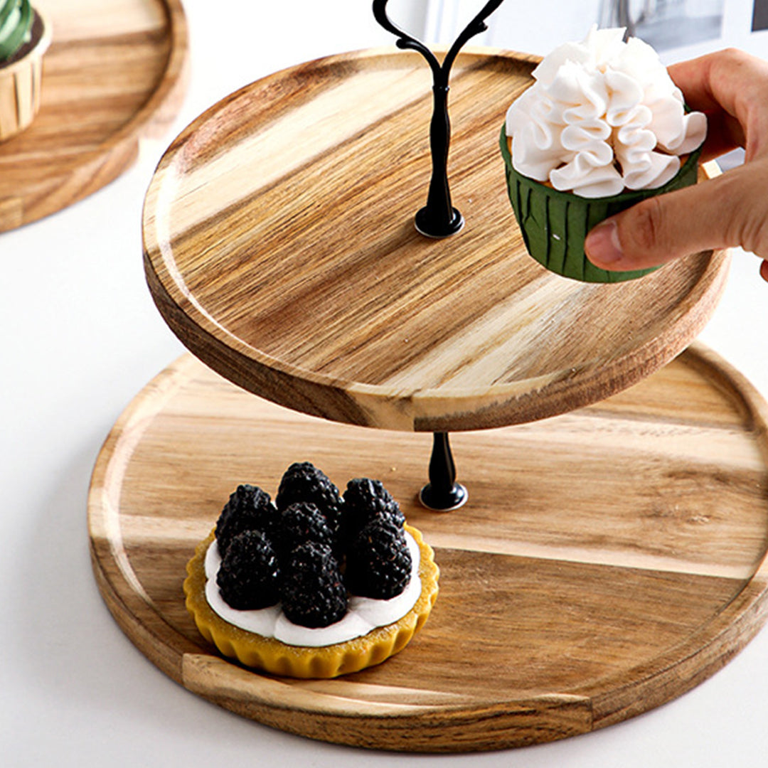 SOGA 2X 20cm 2 Tier Brown Round Wooden Acacia Dessert Tray Cake Snacks Cupcake Stand Buffet Serving Countertop Decor - Cafe Supply