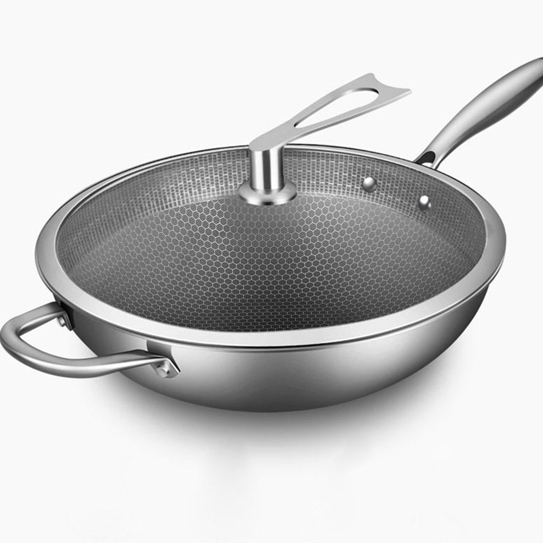 SOGA 2X 34cm Stainless Steel Tri-Ply Frying Cooking Fry Pan Textured Non Stick Skillet with Glass Lid and Helper Handle - Cafe Supply