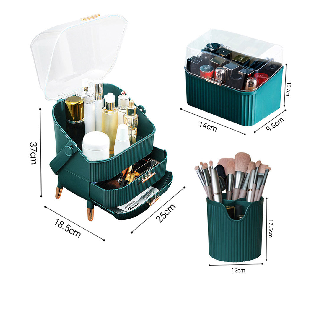 SOGA Green Cosmetic Jewelry Storage Organiser Set Makeup Brush Lipstick Skincare Holder Jewelry Storage Box with Handle - Cafe Supply