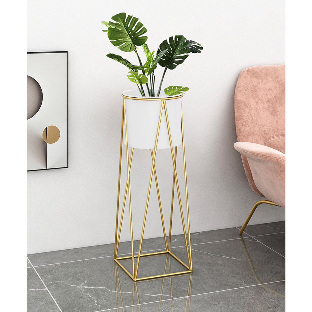 SOGA 70cm Gold Metal Plant Stand with White Flower Pot Holder Corner Shelving Rack Indoor Display - Cafe Supply
