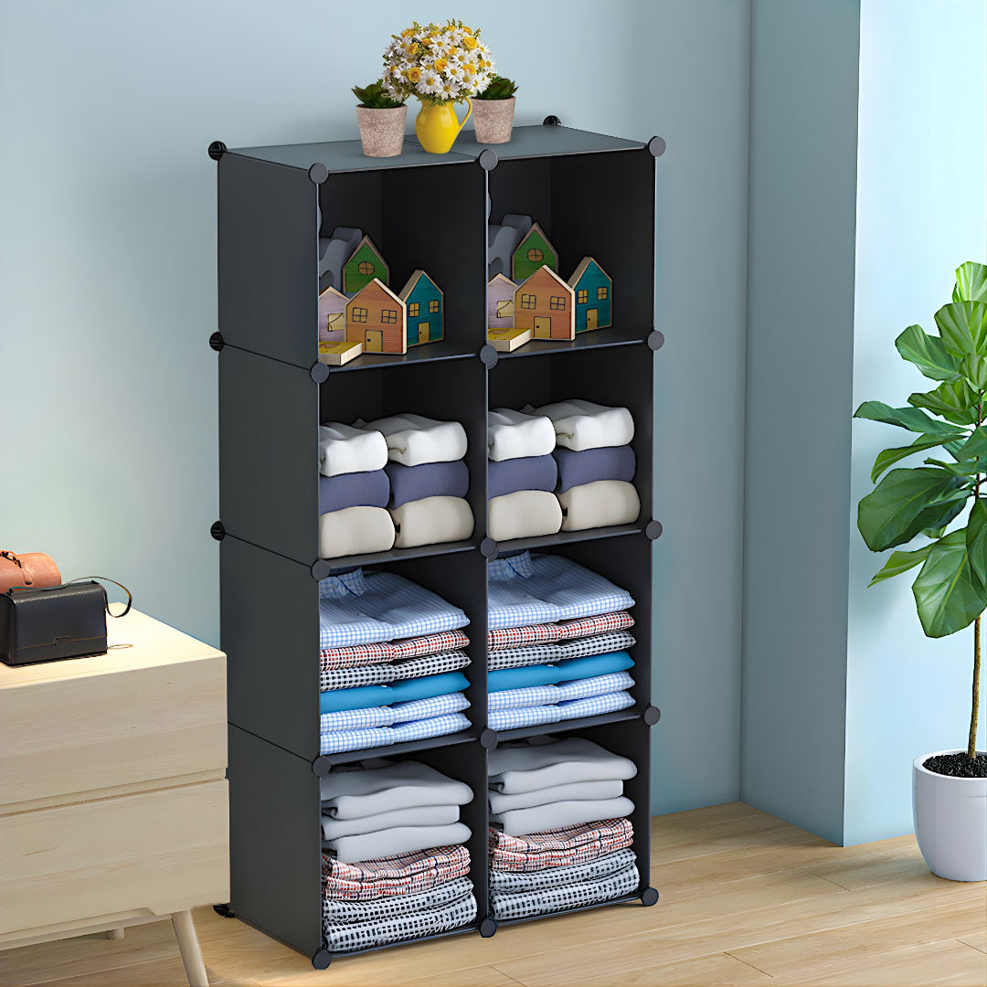 SOGA 4 Tier 8-Cube Black Portable Wardrobe Divide-Grid Modular Storage Organiser Foldable Closet - Cafe Supply