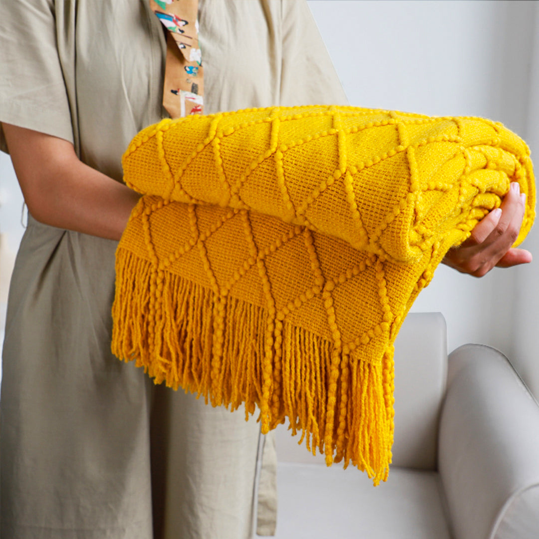 SOGA Yellow Diamond Pattern Knitted Throw Blanket Warm Cozy Woven Cover Couch Bed Sofa Home Decor with Tassels - Cafe Supply