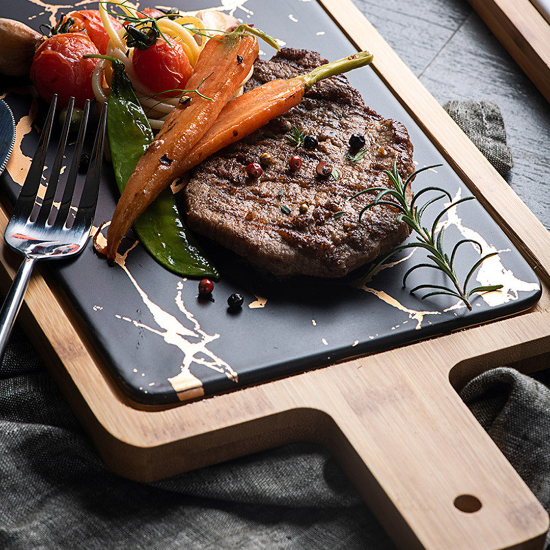 SOGA 2X 33.5cm Black Square Wooden Serving Tray Slate Steak Serving Platter Chopping Board Paddle Home Decor - Cafe Supply