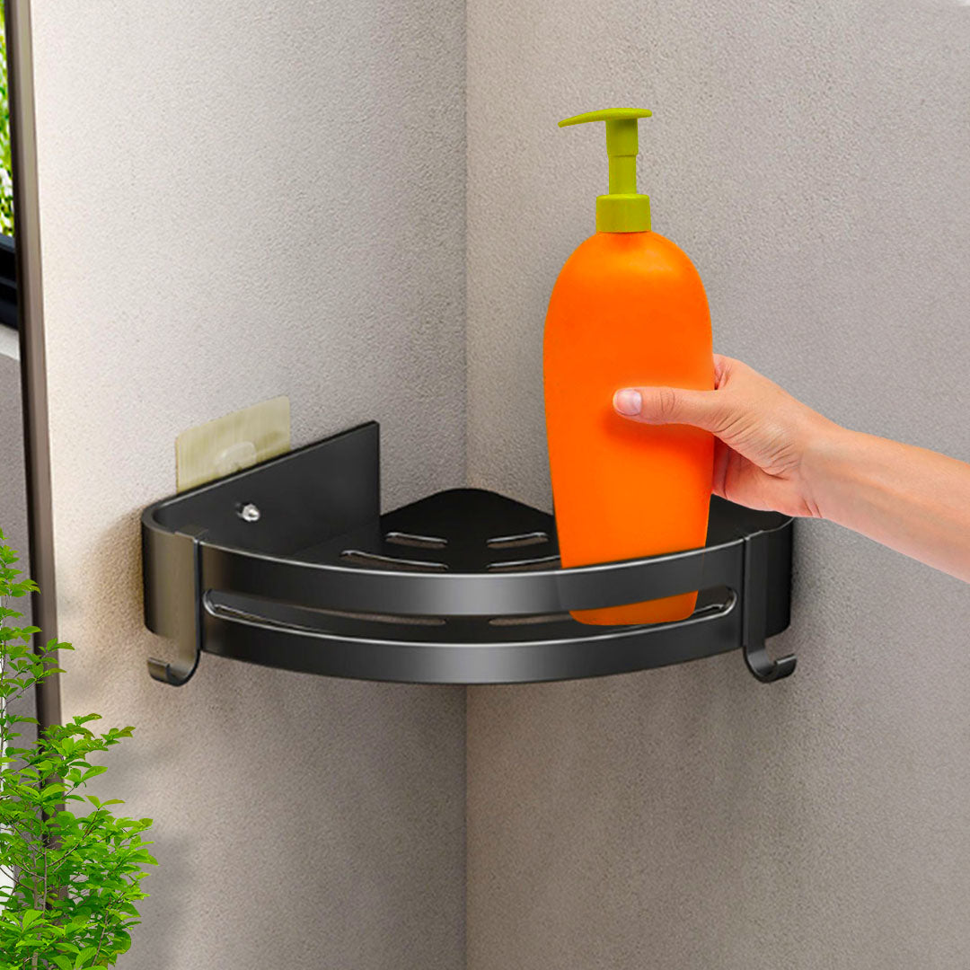 SOGA Black Wall-Mounted Triangular Bathroom Storage Corner Vanity Organiser Space Saving Adhesive Shelf Rack with Hooks - Cafe Supply