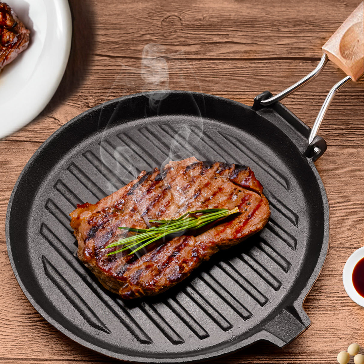SOGA 2X 24cm Round Ribbed Cast Iron Steak Frying Grill Skillet Pan with Folding Wooden Handle - Cafe Supply