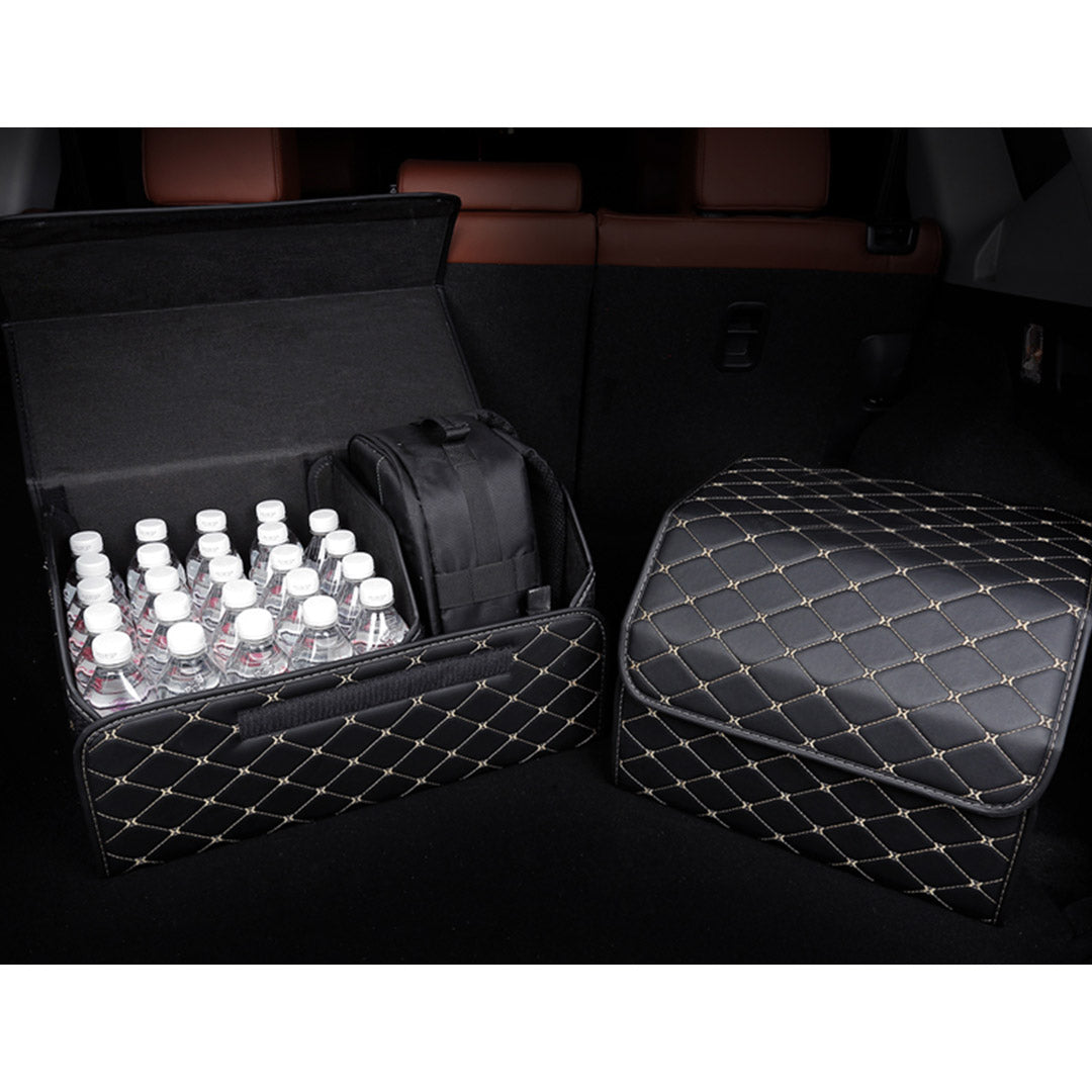 SOGA 2X Leather Car Boot Collapsible Foldable Trunk Cargo Organizer Portable Storage Box Black/Gold Stitch Small - Cafe Supply