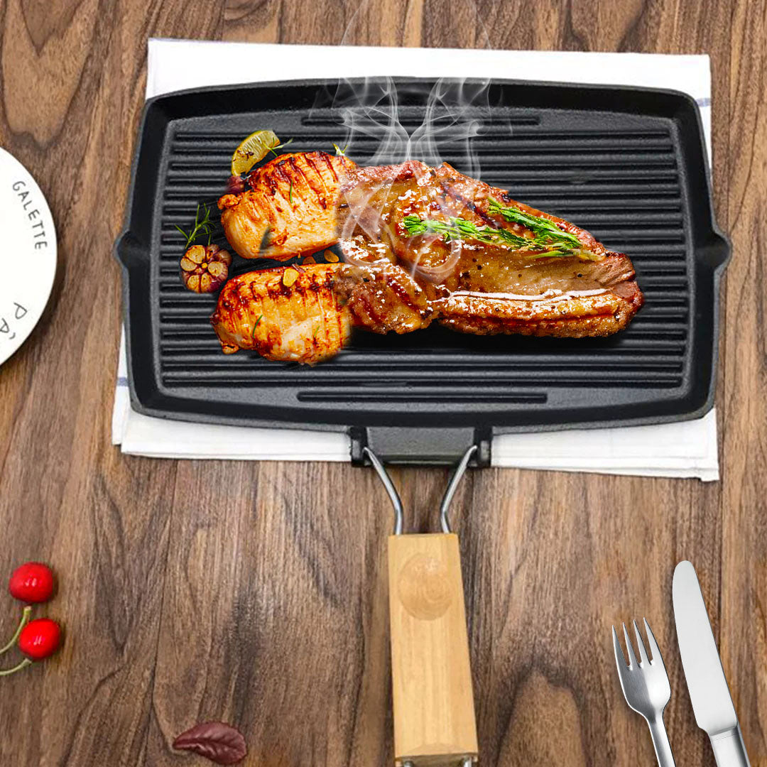 SOGA 2X 20.5cm Rectangular Cast Iron Griddle Grill Frying Pan with Folding Wooden Handle - Cafe Supply