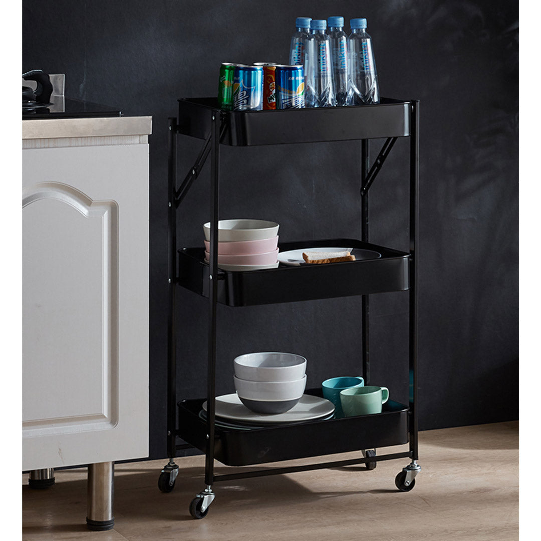SOGA 3 Tier Steel Black Foldable Kitchen Cart Multi-Functional Shelves Portable Storage Organizer with Wheels - Cafe Supply