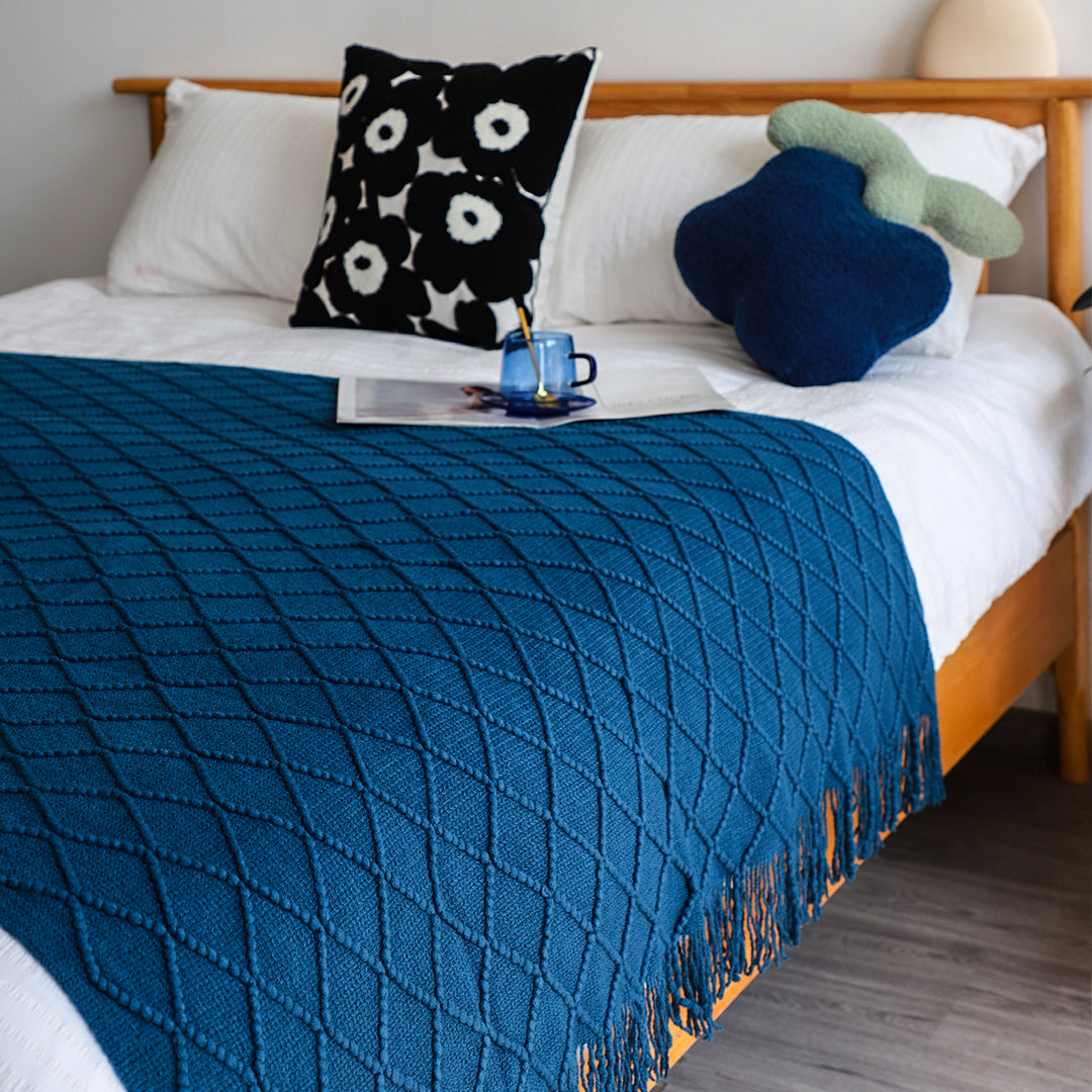 SOGA 2X Royal Blue Diamond Pattern Knitted Throw Blanket Warm Cozy Woven Cover Couch Bed Sofa Home Decor with Tassels - Cafe Supply