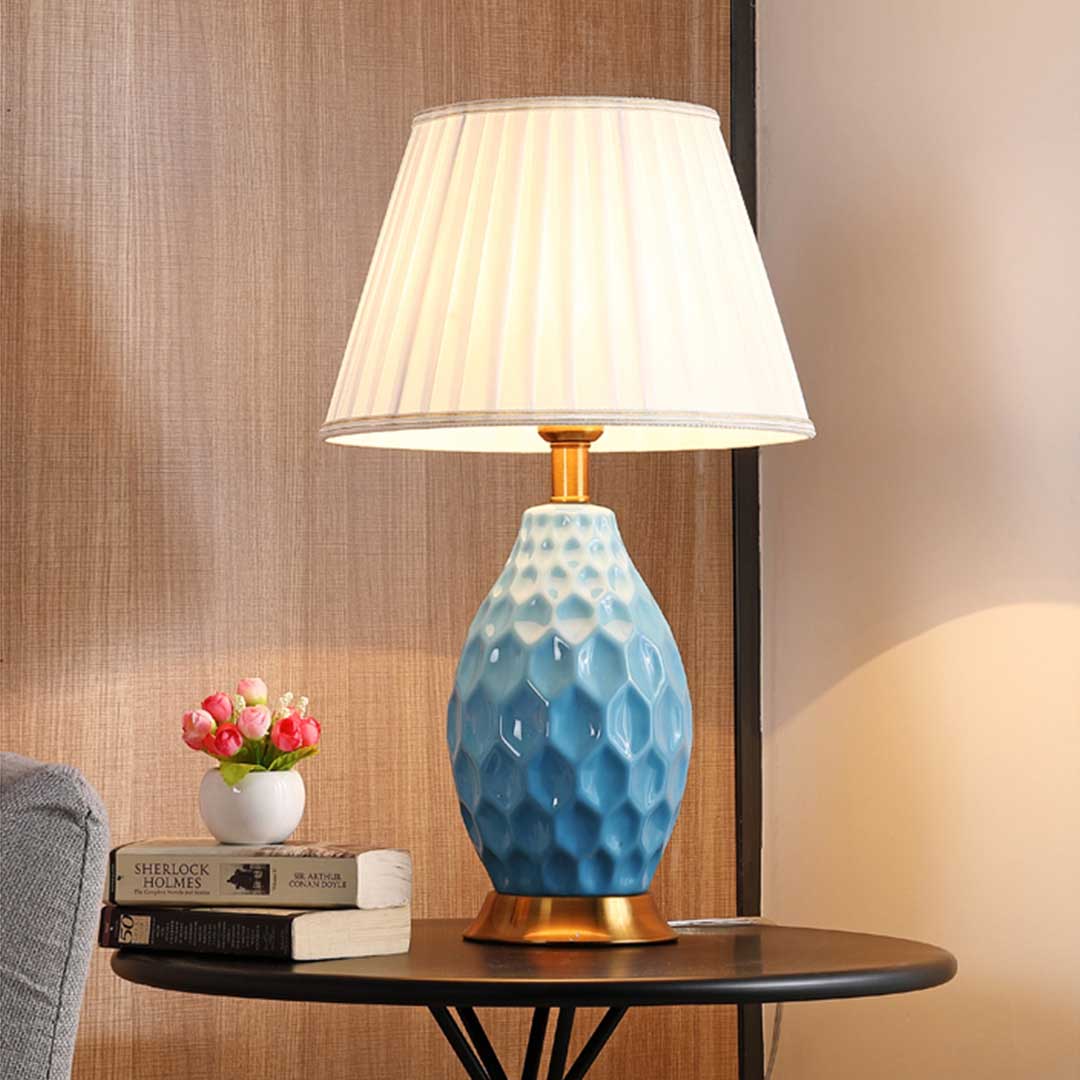 SOGA 4X Textured Ceramic Oval Table Lamp with Gold Metal Base Blue - Cafe Supply