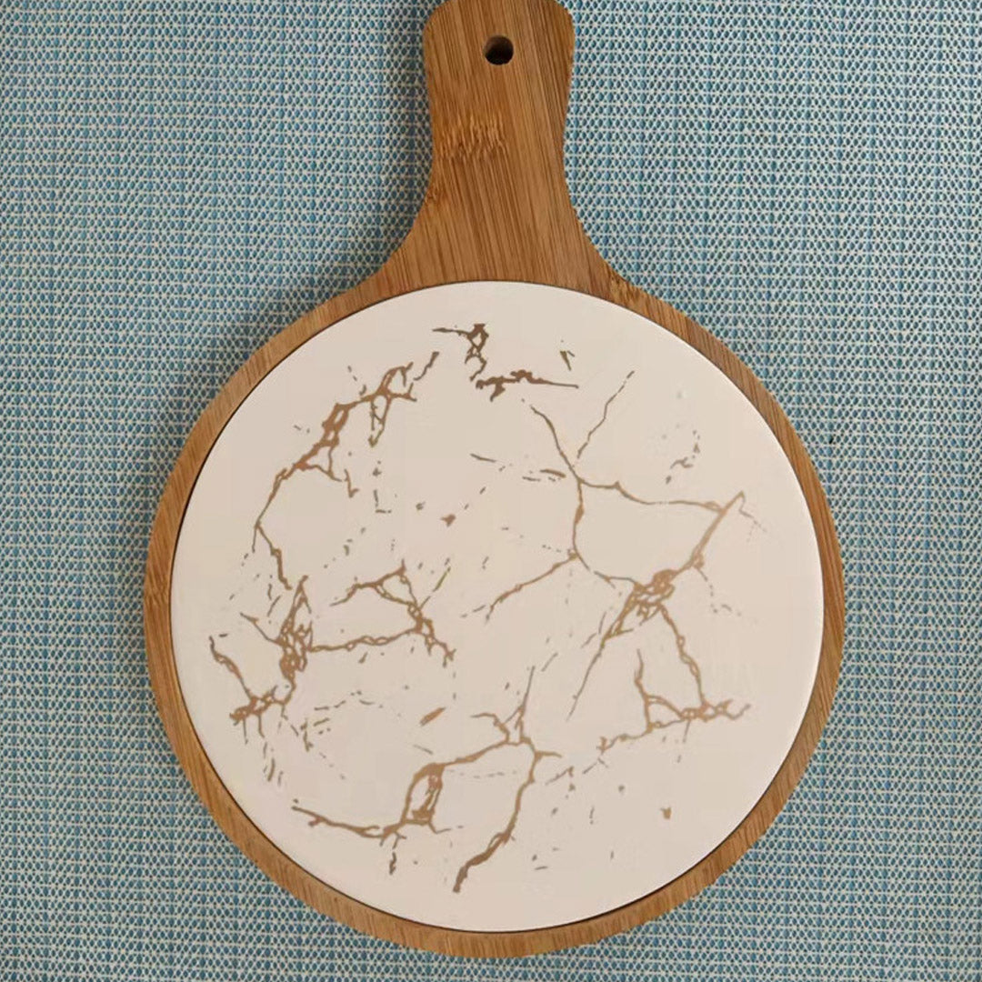 SOGA 2X 30cm White Circle Wooden Serving Tray Slate Steak Serving Platter Chopping Board Paddle Home Decor - Cafe Supply