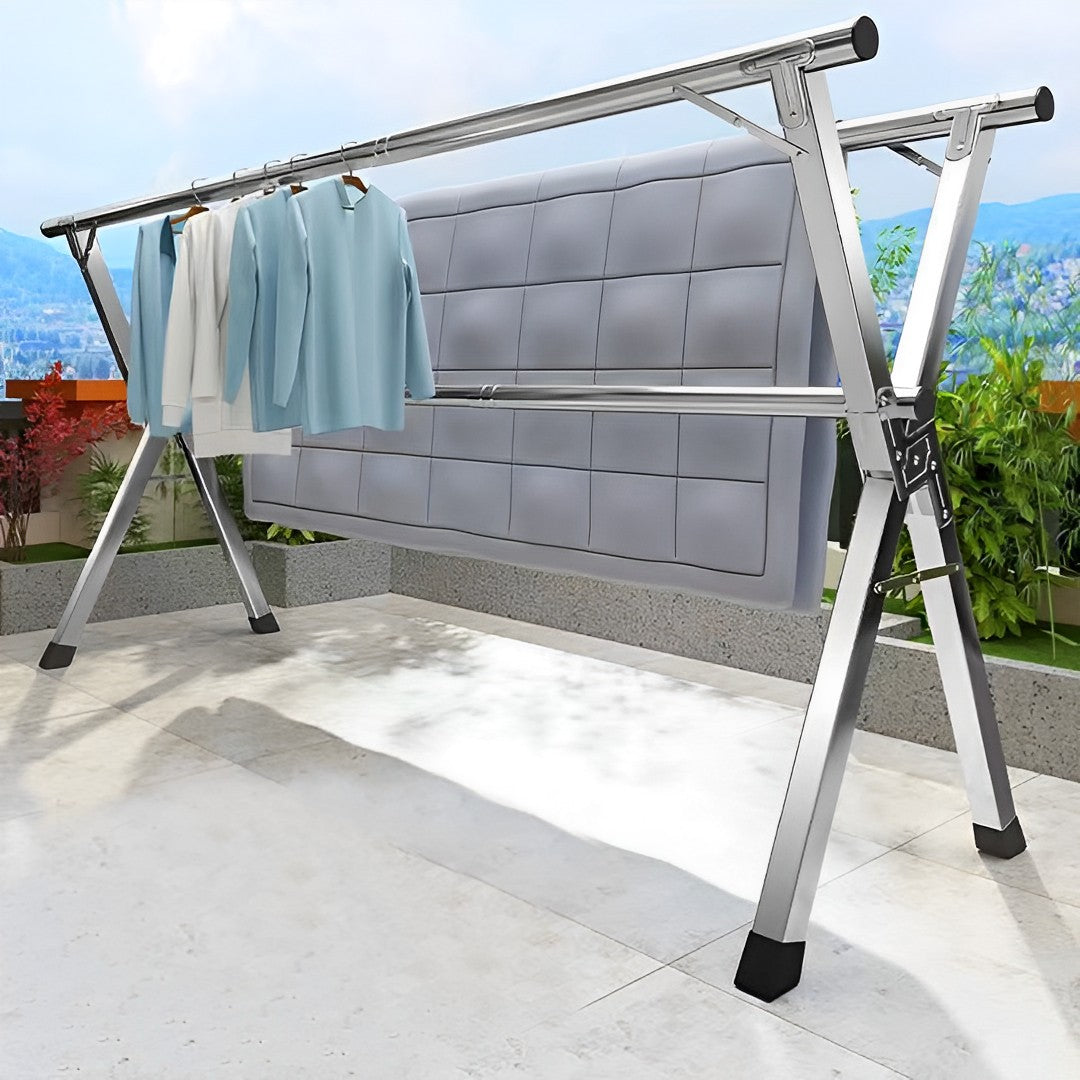 SOGA 2X 2.4m Portable Standing Clothes Drying Rack Foldable Space-Saving Laundry Holder 3 Poles - Cafe Supply