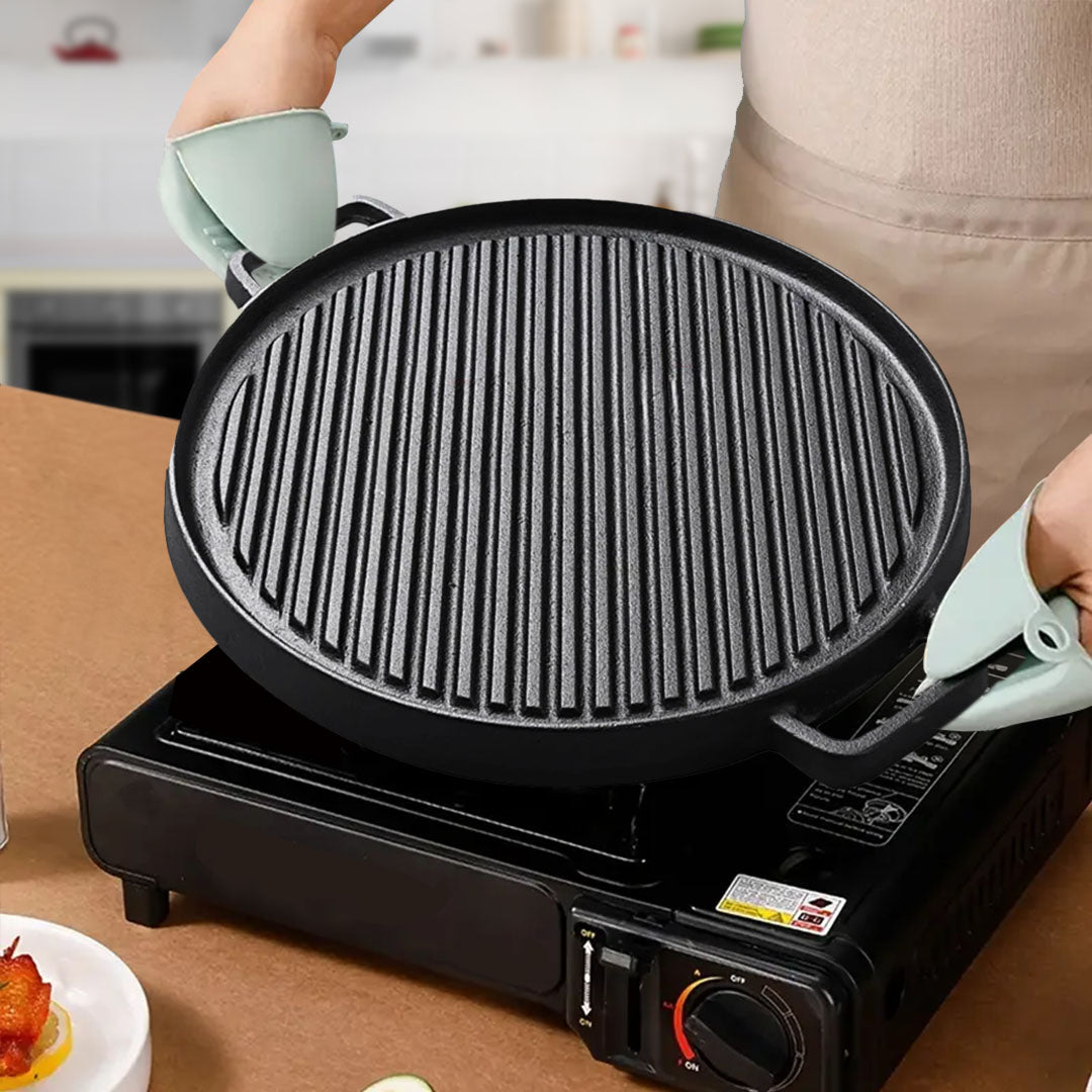 SOGA 2X 30cm Round Cast Iron Ribbed BBQ Pan Skillet Steak Sizzle Platter with Handle - Cafe Supply