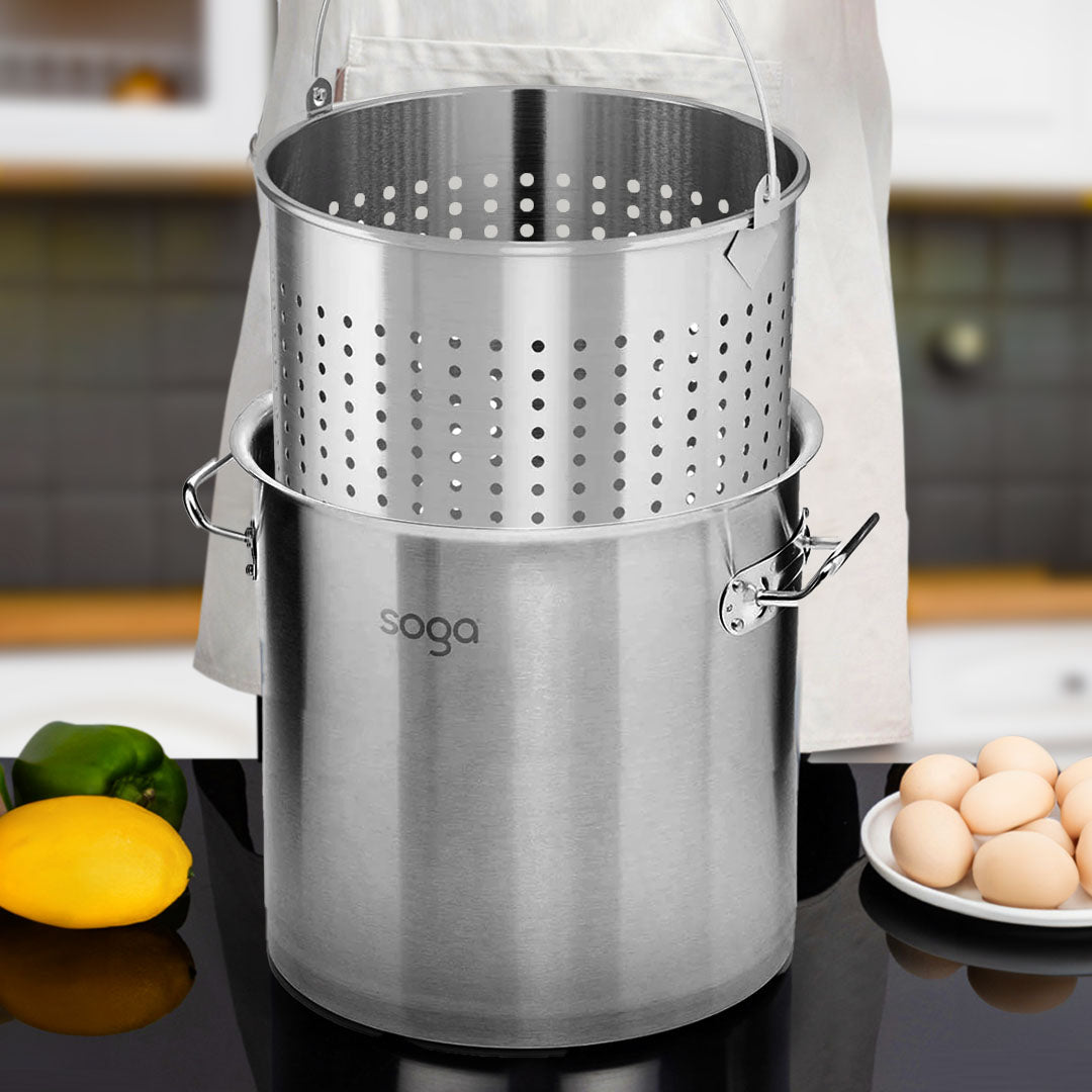 SOGA 33L 18/10 Stainless Steel Stockpot with Perforated Stock pot Basket Pasta Strainer - Cafe Supply