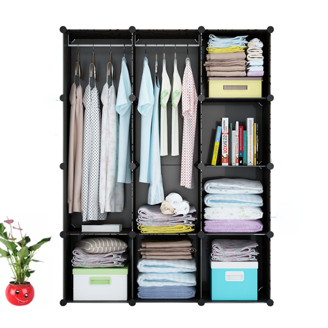 SOGA 10 Cubes Black Portable Wardrobe Divide-Grid Modular Storage Organiser Foldable Closet with Doors - Cafe Supply