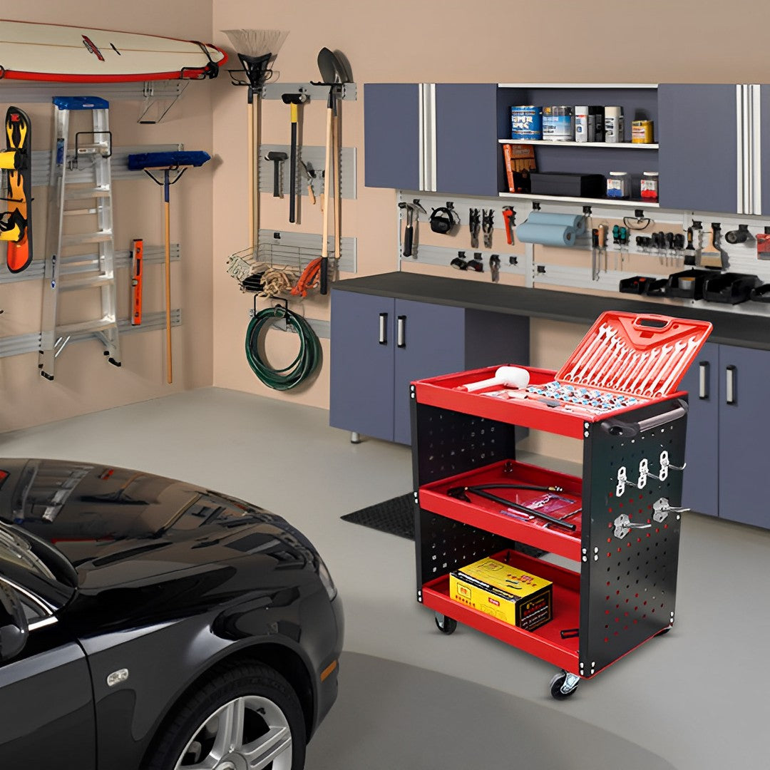 SOGA 3 Tier Tool Storage Cart Portable Service Utility Heavy Duty Mobile Trolley with Hooks Red - Cafe Supply