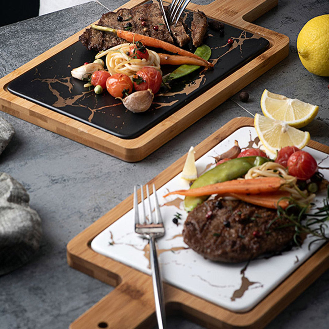 SOGA 2X 33.5cm White Square Wooden Serving Tray Slate Steak Serving Platter Chopping Board Paddle Home Decor - Cafe Supply