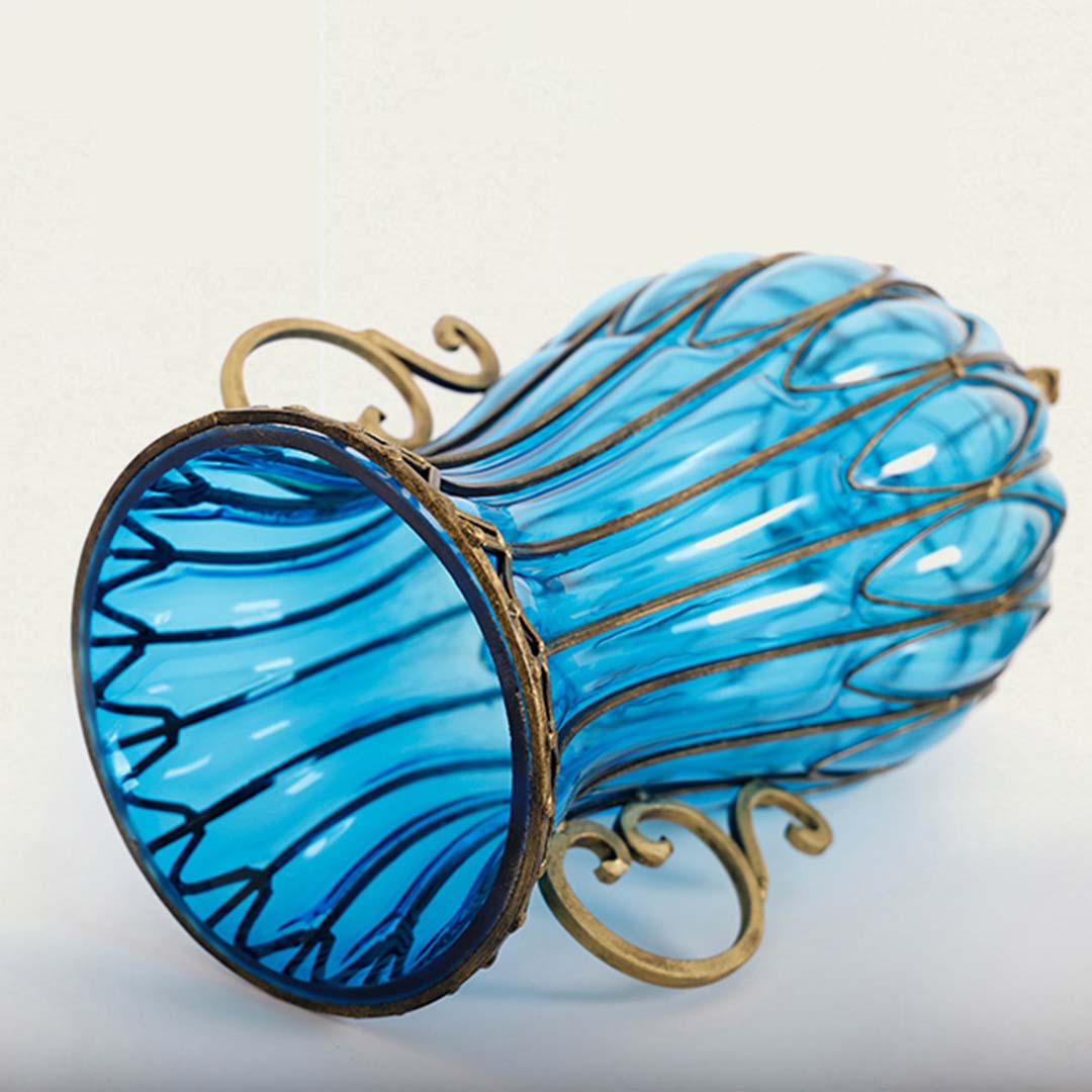 SOGA 51cm Blue Glass Oval Floor Vase with Metal Flower Stand - Cafe Supply