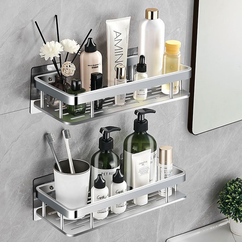 SOGA 2X Silver Wall-Mounted Rectangular Bathroom Storage Organiser Space Saving Adhesive Shelf Rack - Cafe Supply