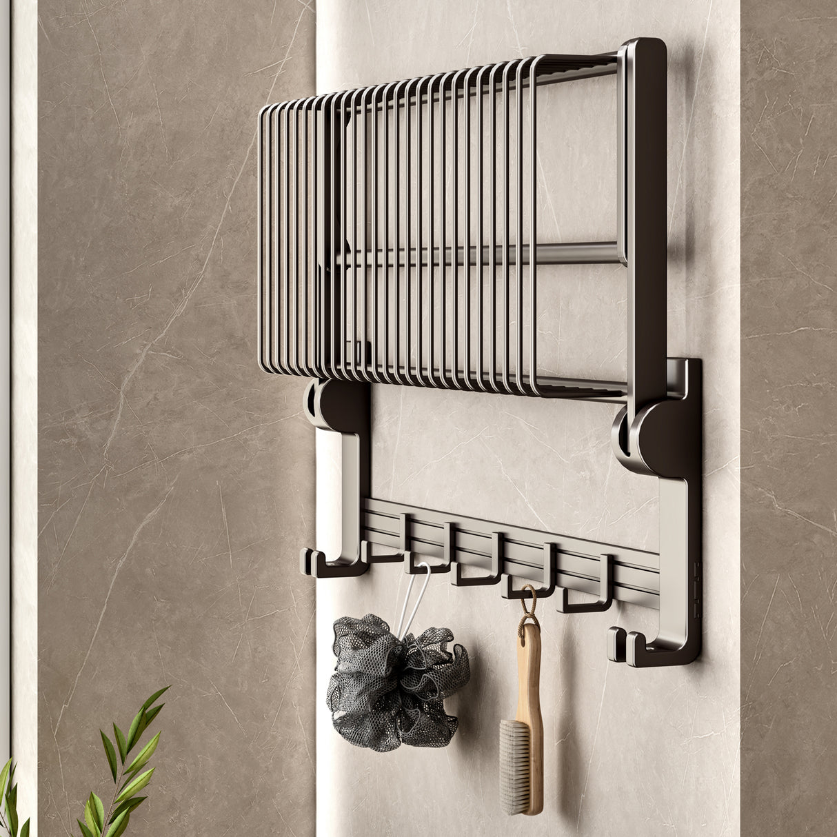 SOGA 2X 61cm Gray Wall-Mounted Double Pole Towel Holder Bathroom Organiser Rail Hanger with Hooks - Cafe Supply