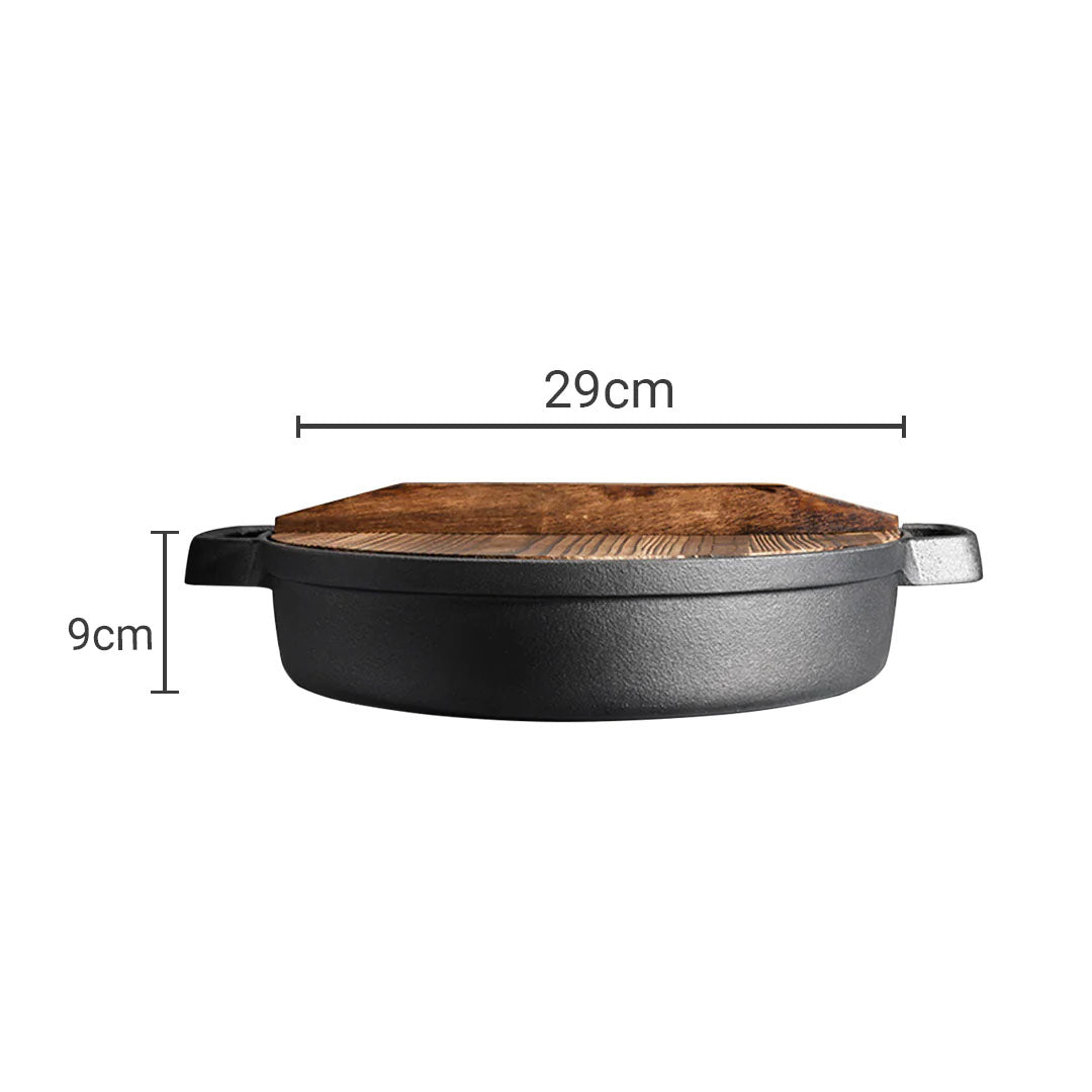 SOGA 29cm Round Cast Iron Pre-seasoned Deep Baking Pizza Frying Pan Skillet with Wooden Lid - Cafe Supply