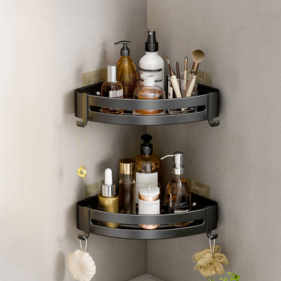 SOGA Black Wall-Mounted Triangular Bathroom Storage Corner Vanity Organiser Space Saving Adhesive Shelf Rack with Hooks - Cafe Supply