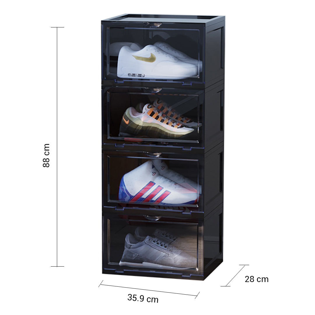 SOGA 2X 4 Tier Black Portable Shoe Organiser Sneaker Footwear Folding Plastic Bin Stackable Storage Box with Magnetic Door - Cafe Supply