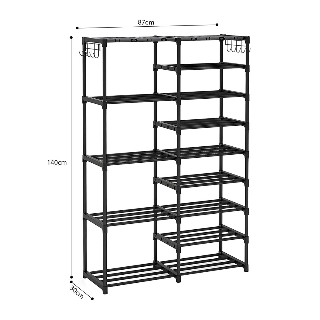 SOGA 2X 16-Shelf Tier Shoe Storage Shelf Space-Saving Caddy Rack Organiser with Side Hooks Black - Cafe Supply