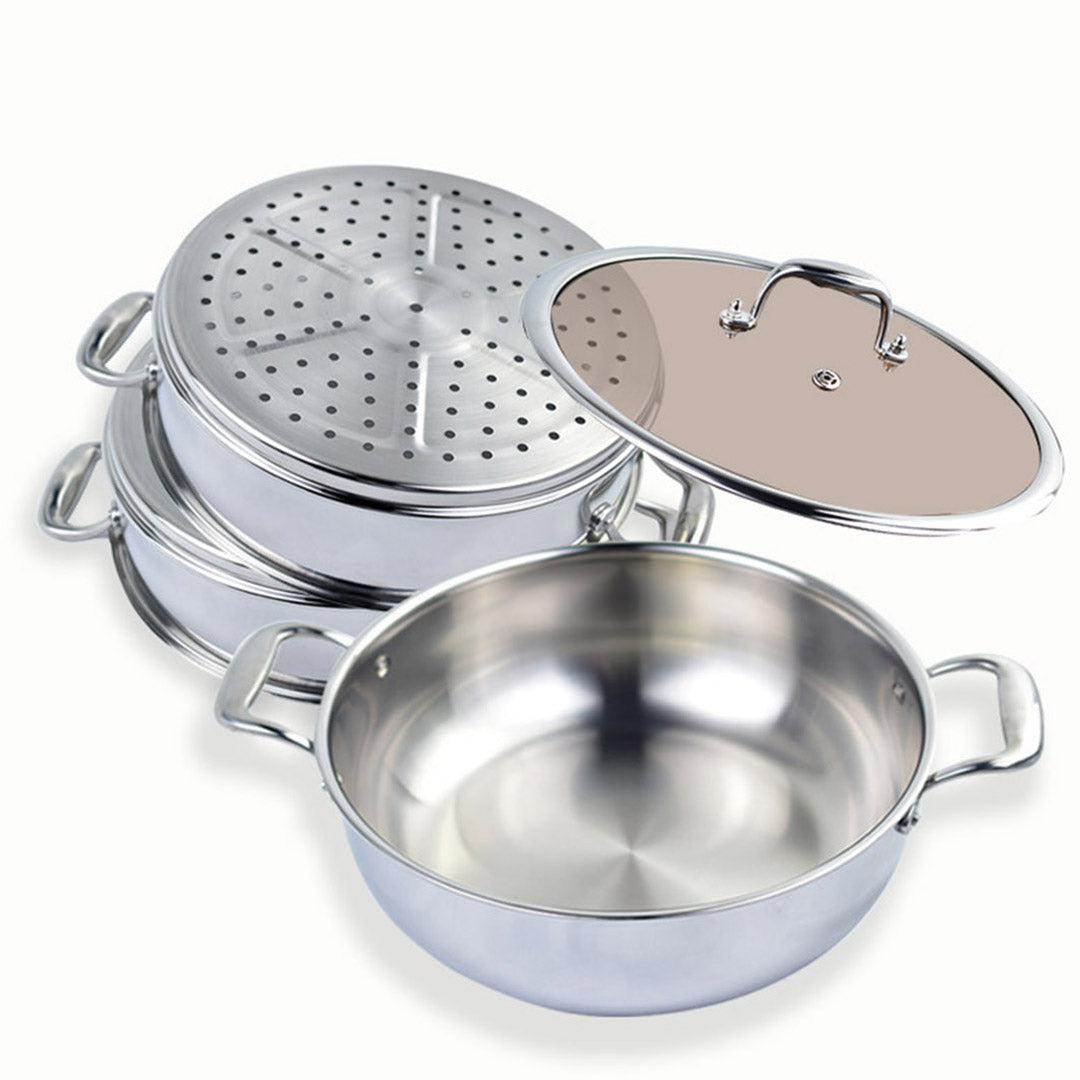 SOGA 2X 3 Tier 30cm Heavy Duty Stainless Steel Food Steamer Vegetable Pot Stackable Pan Insert with Glass Lid - Cafe Supply