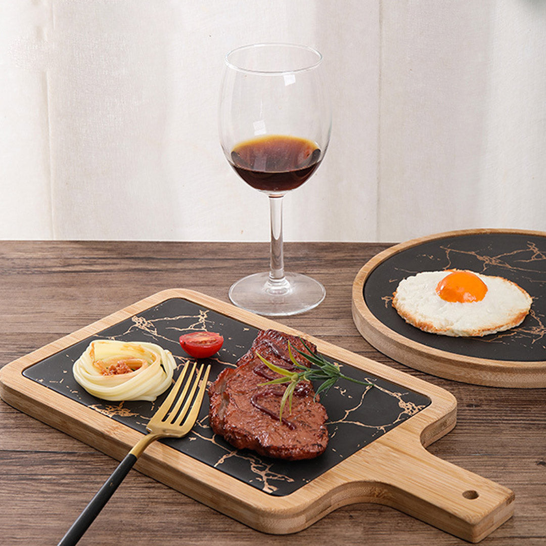 SOGA 2X 33.5cm Black Square Wooden Serving Tray Slate Steak Serving Platter Chopping Board Paddle Home Decor - Cafe Supply