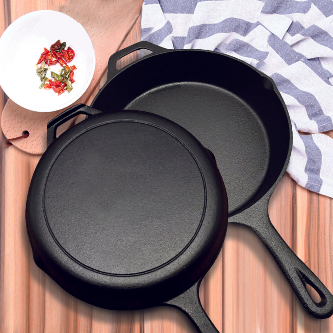 SOGA 2X 30cm Round Cast Iron Frying Pan Skillet Steak Sizzle Platter with Helper Handle - Cafe Supply