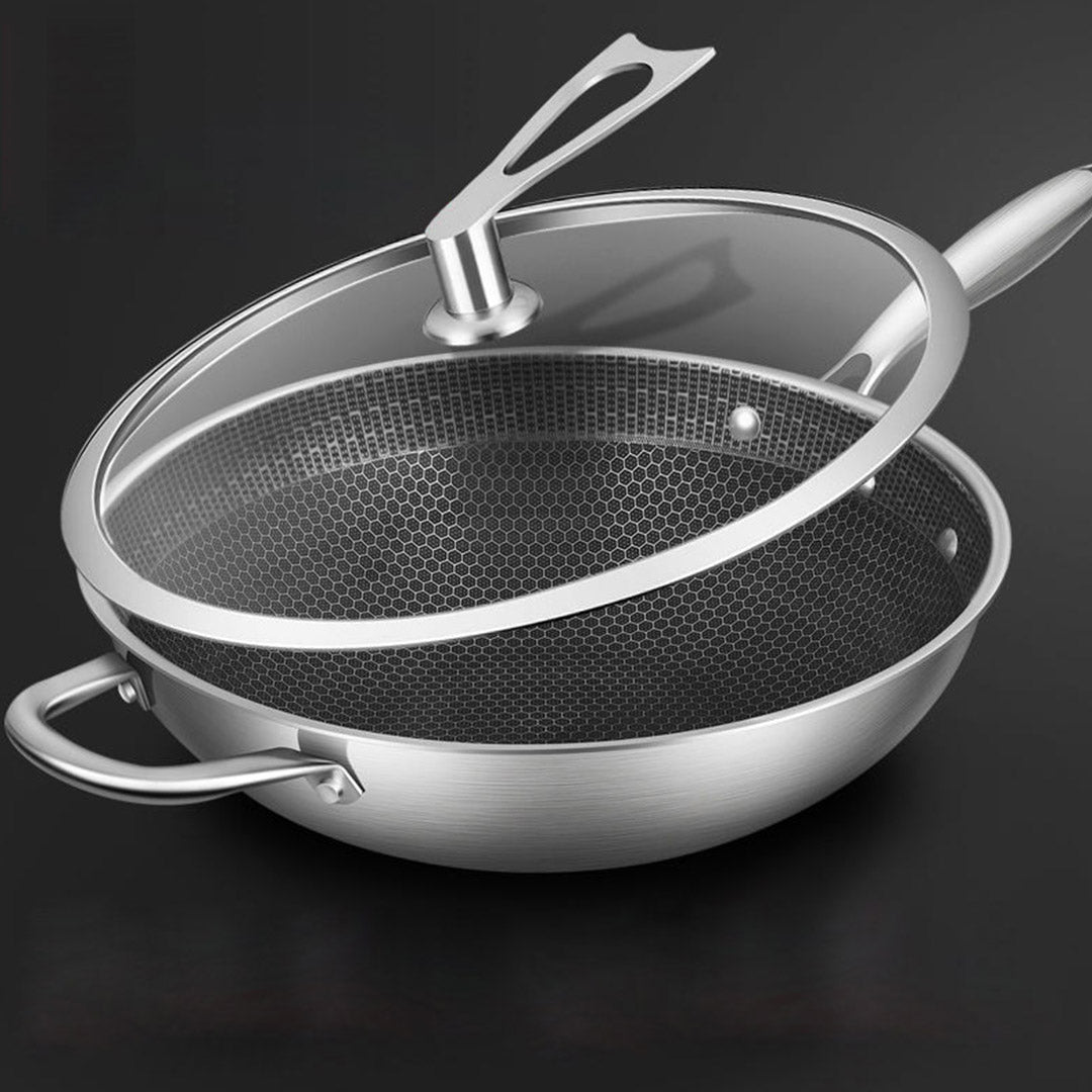 SOGA 2X 34cm Stainless Steel Tri-Ply Frying Cooking Fry Pan Textured Non Stick Skillet with Glass Lid and Helper Handle - Cafe Supply