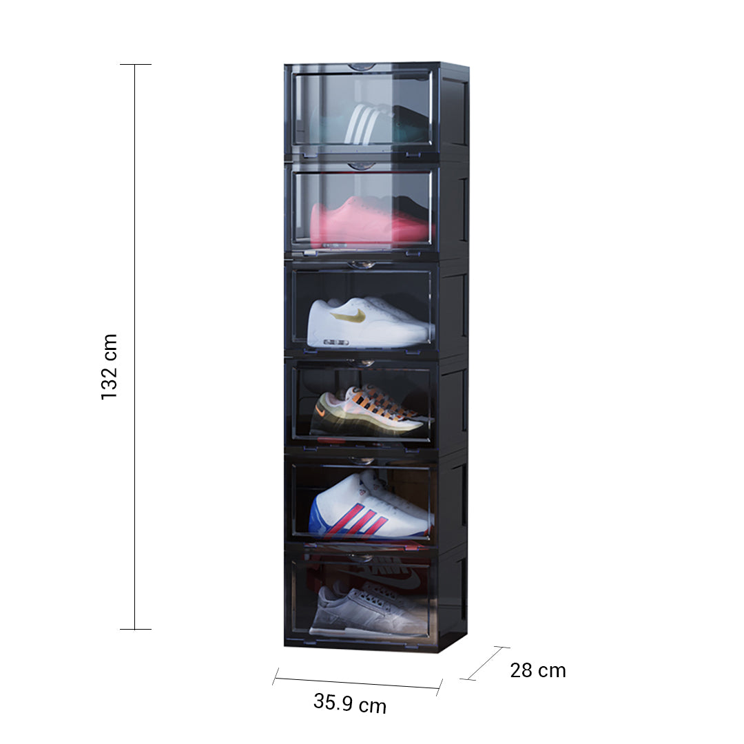 SOGA 2X 6 Tier Black Portable Shoe Organiser Sneaker Footwear Folding Plastic Bin Stackable Storage Box with Magnetic Door - Cafe Supply