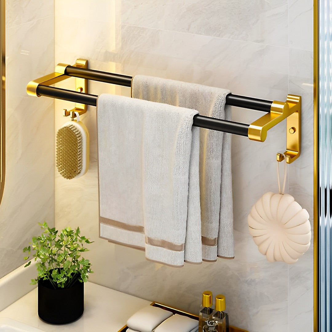 SOGA 61cm Wall-Mounted Double Pole Towel Holder Bathroom Organiser Rail Hanger with Hooks - Cafe Supply