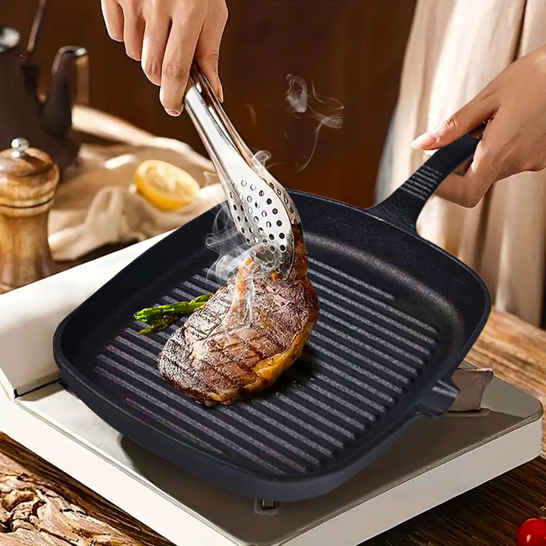 SOGA 23.5cm Square Ribbed Cast Iron Frying Pan Skillet Steak Sizzle Platter with Handle - Cafe Supply