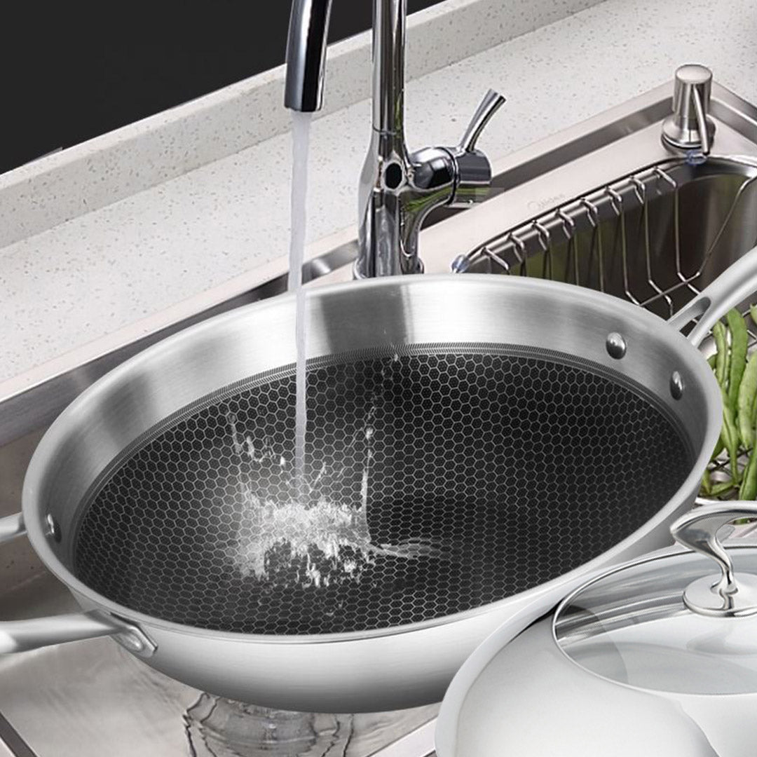 SOGA 2X 18/10 Stainless Steel Fry Pan 32cm Frying Pan Top Grade Non Stick Interior Skillet with Helper Handle and Lid - Cafe Supply