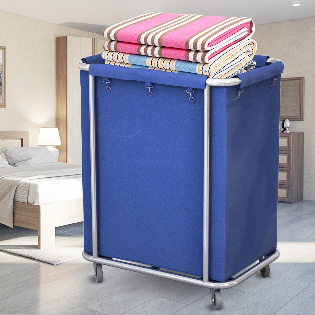 SOGA Stainless Steel Commercial Square Soiled Linen Laundry Trolley Cart with Wheels Blue - Cafe Supply