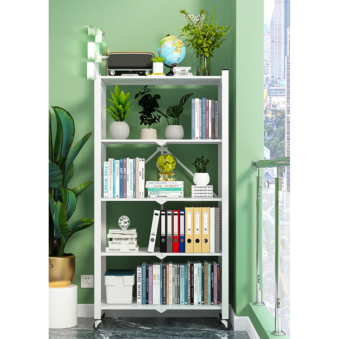 SOGA 2X 5 Tier Steel White Foldable Display Stand Multi-Functional Shelves Portable Storage Organizer with Wheels - Cafe Supply