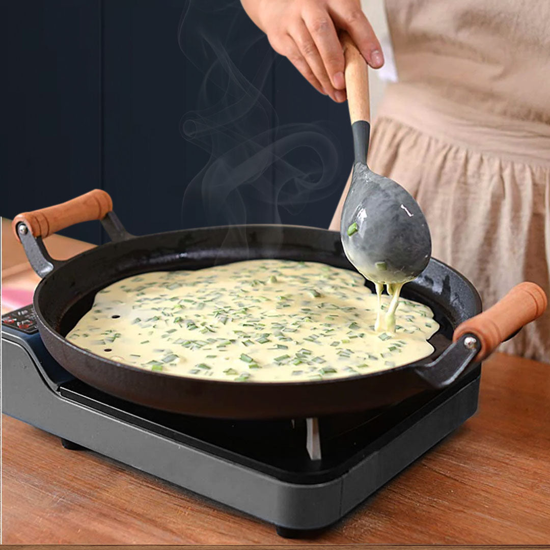 SOGA 31cm Cast Iron Frying Pan Skillet Steak Sizzle Fry Platter With Wooden Handle No Lid - Cafe Supply