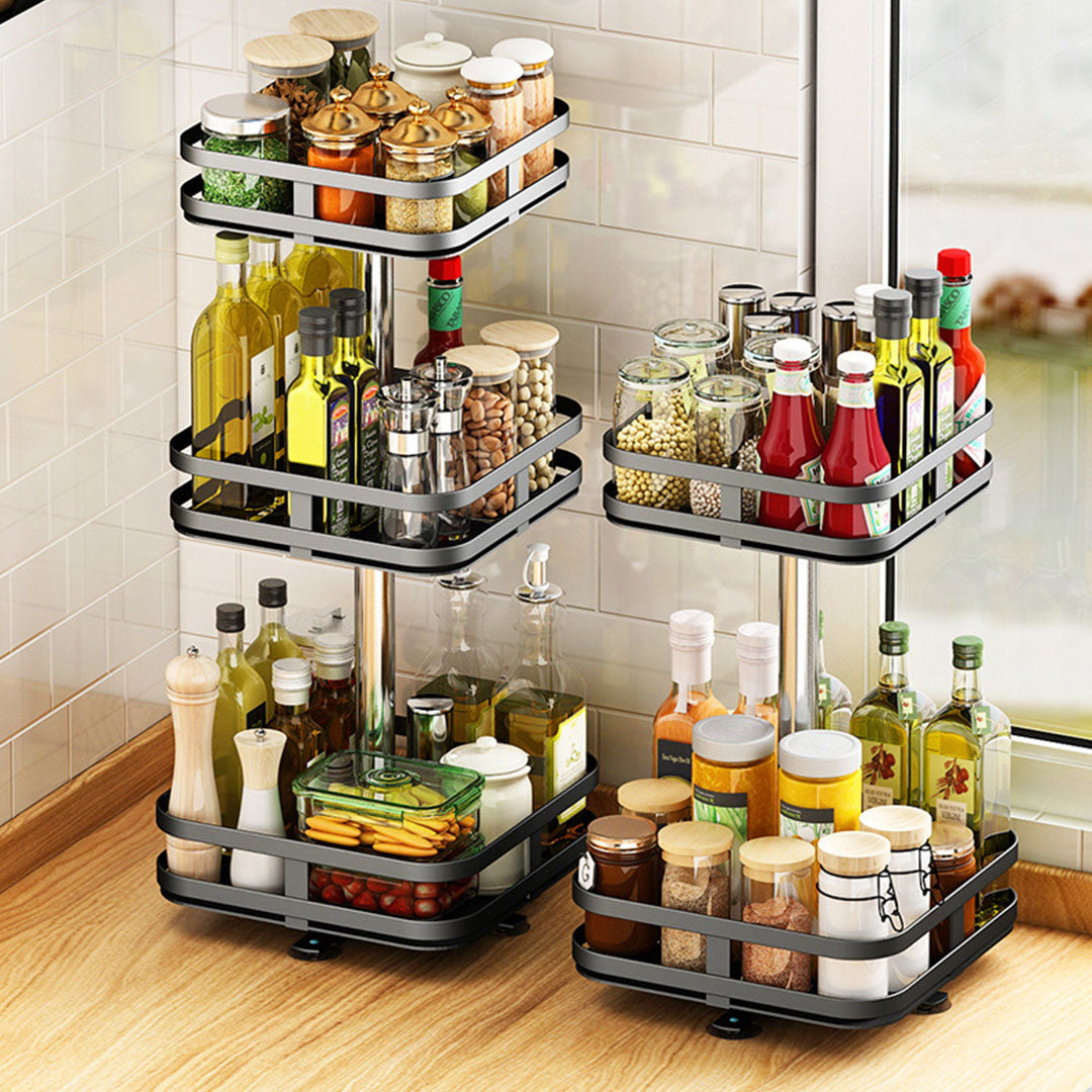 SOGA 2X 3 Tier Steel Black Square Rotating Multi-Function Kitchen Portable Storage Spice Seasoning Kitchen Countertop Organiser Shelf - Cafe Supply