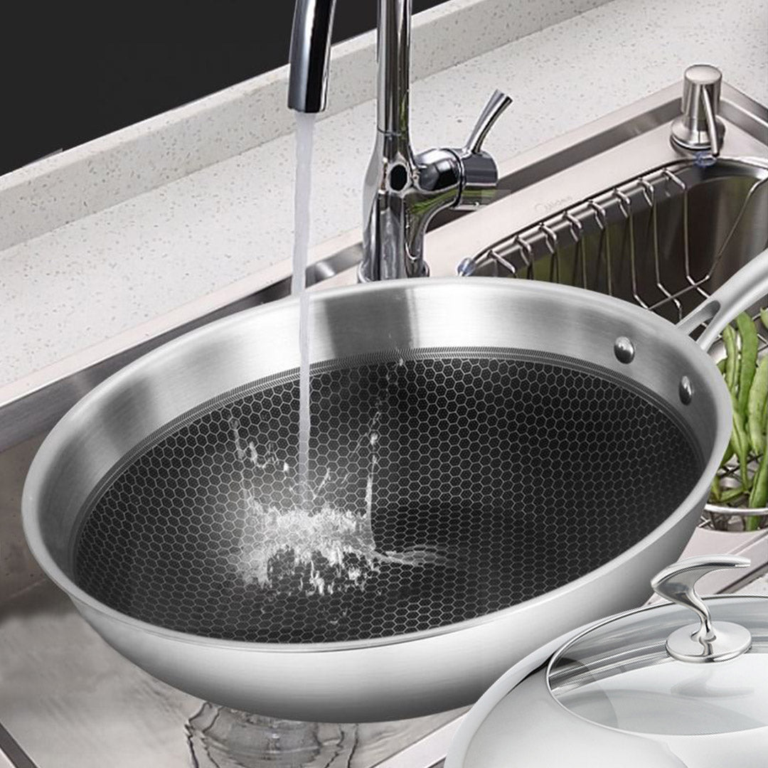 SOGA 18/10 Stainless Steel Fry Pan 30cm Frying Pan Top Grade Cooking Non Stick Interior Skillet with Lid - Cafe Supply