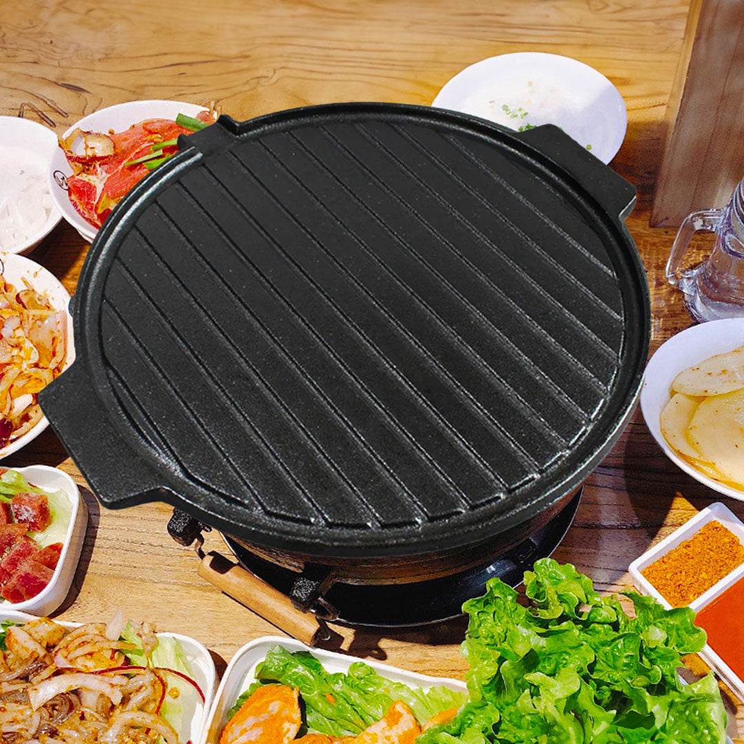 SOGA 30CM Round Cast Iron Korean BBQ Grill Plate with Handles and Drip Lip - Cafe Supply