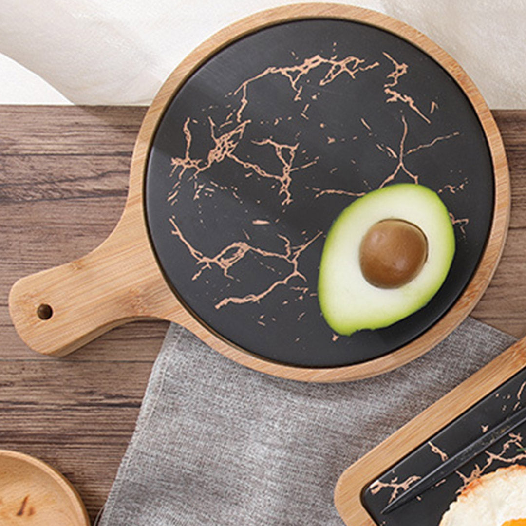 SOGA 30cm Black Circle Wooden Serving Tray Slate Steak Serving Platter Chopping Board Paddle Home Decor - Cafe Supply