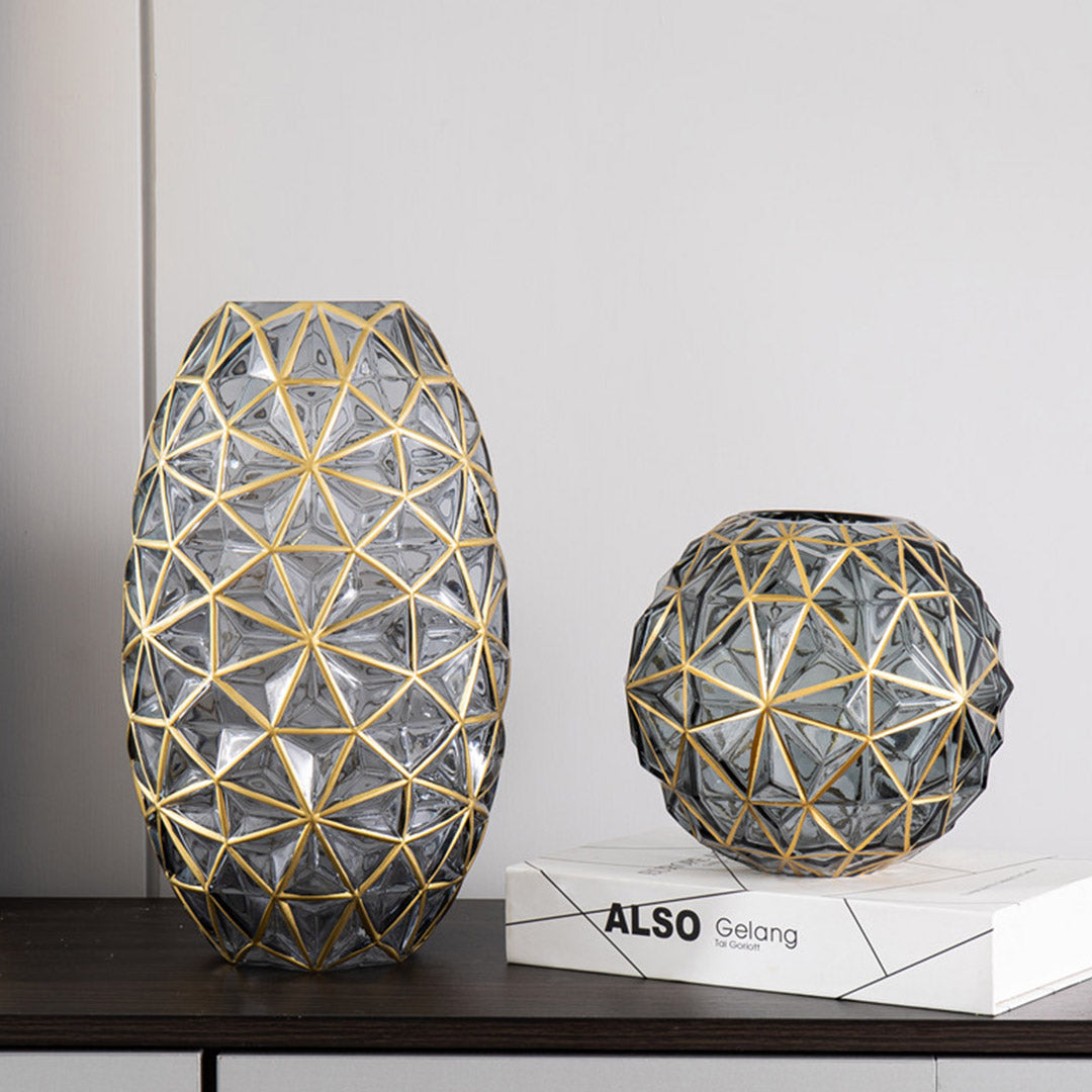 SOGA 2X Grey Colored Diamond Cut Glass Flower Vase Round Jar Home Decor with Gold Accent Large and Medium Set - Cafe Supply