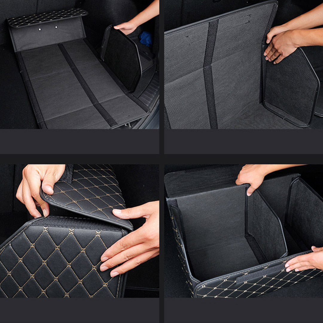SOGA 2X Leather Car Boot Collapsible Foldable Trunk Cargo Organizer Portable Storage Box Black/Gold Stitch Large - Cafe Supply