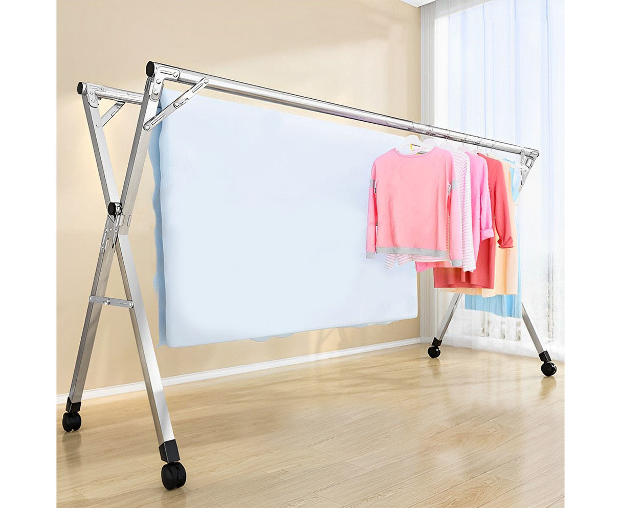 SOGA 2X 1.6m Portable Standing Clothes Drying Rack Foldable Space-Saving Laundry Holder with Wheels - Cafe Supply