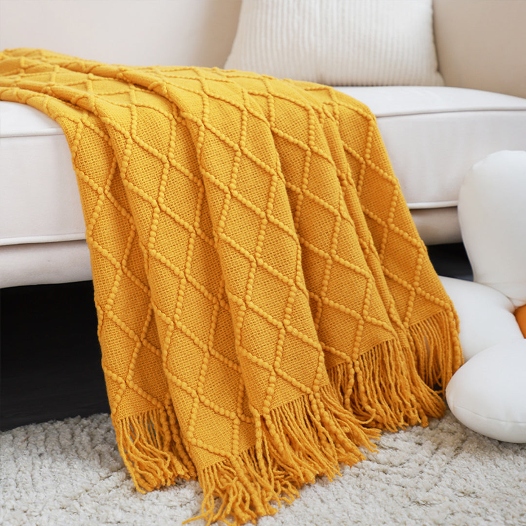 SOGA 2X Yellow Diamond Pattern Knitted Throw Blanket Warm Cozy Woven Cover Couch Bed Sofa Home Decor with Tassels - Cafe Supply
