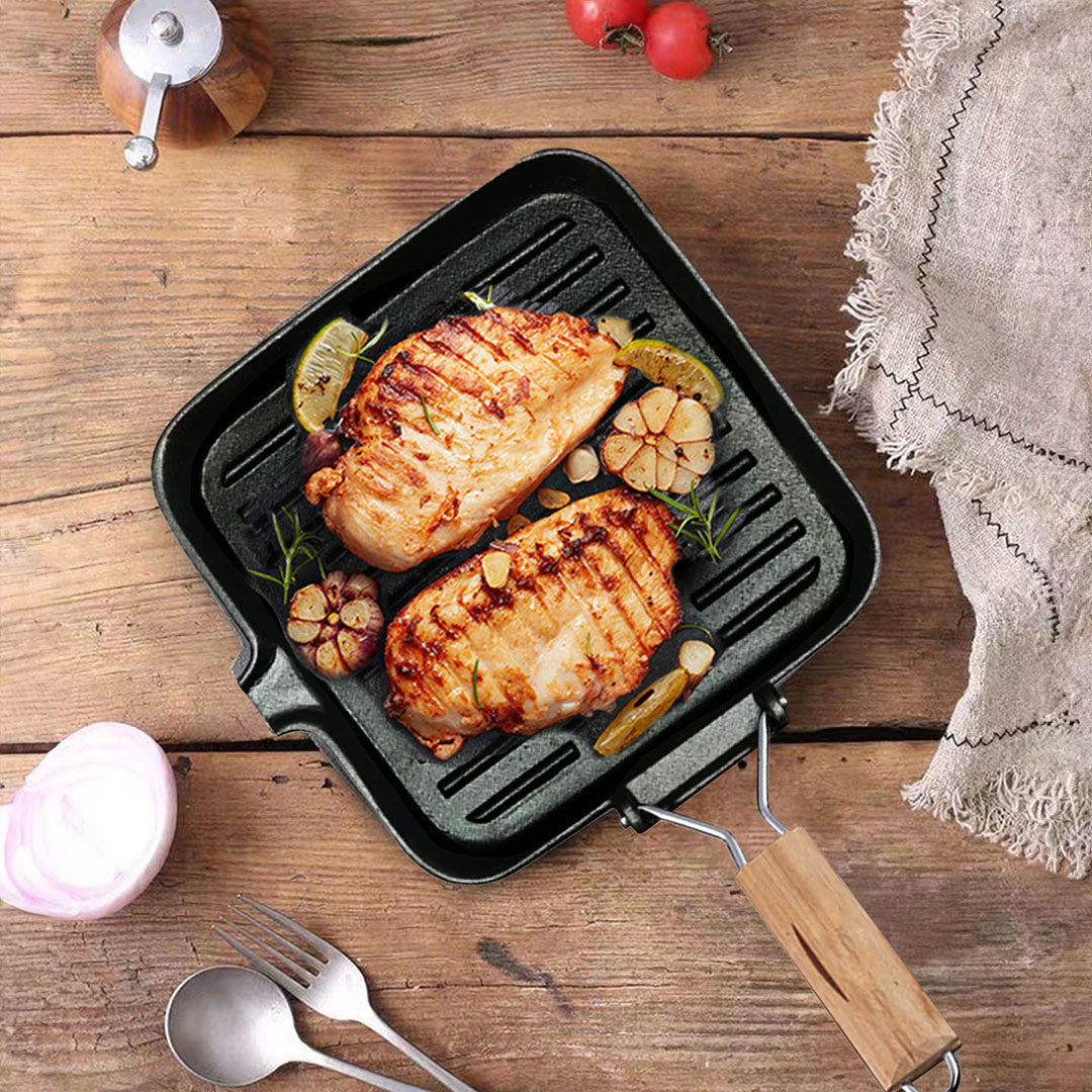 SOGA 24cm Ribbed Cast Iron Square Steak Frying Grill Skillet Pan with Folding Wooden Handle - Cafe Supply