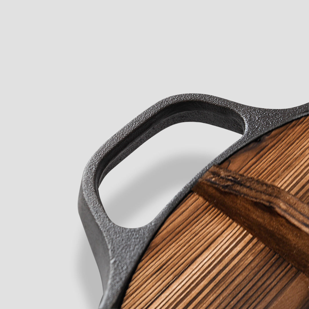 SOGA 2X 33cm Round Cast Iron Pre-seasoned Deep Baking Pizza Frying Pan Skillet with Wooden Lid - Cafe Supply